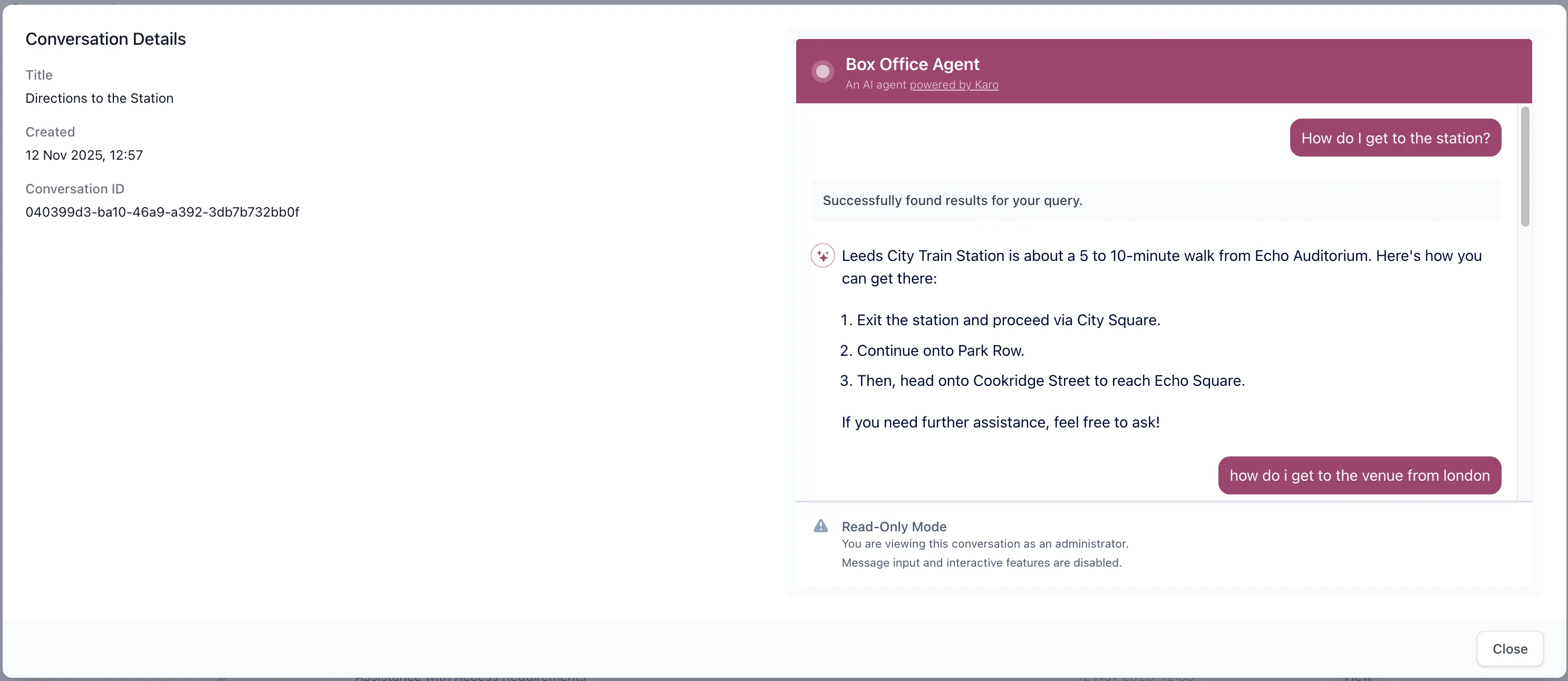 An open modal displaying a user’s conversation, with a conversation details pane on the left showing an id, title and timestamp.