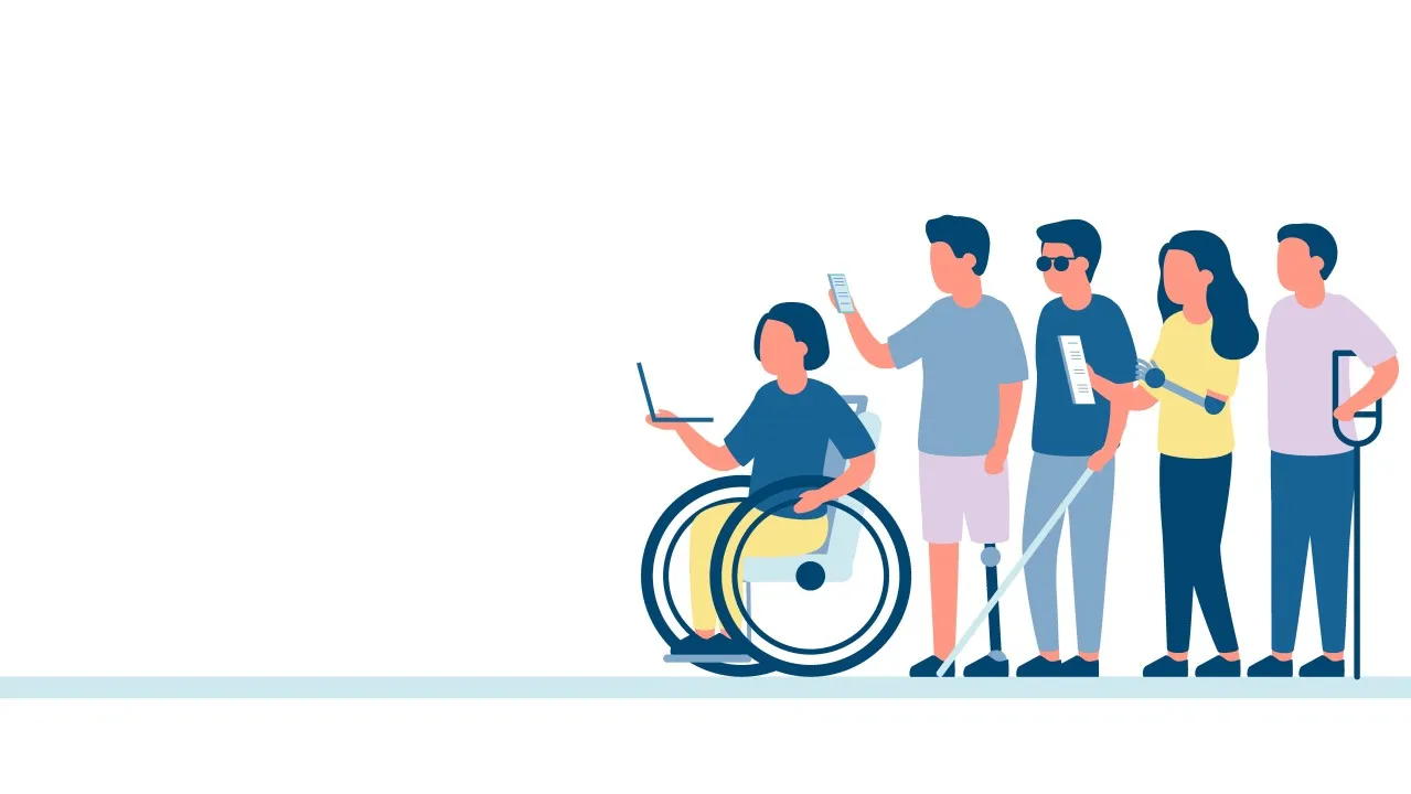 A cartoon style image of a group of differently abled people, including wheelchair users and those with sight issues, queuing in a line.